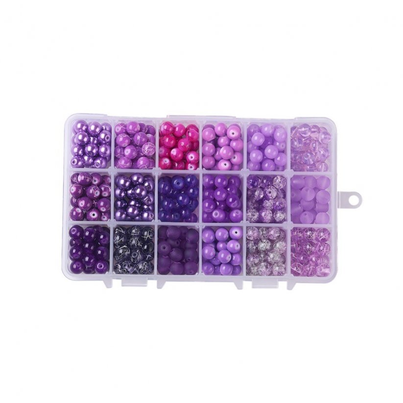 Sklenené korálky mix - 18 farieb, fialové, set 8 mm
