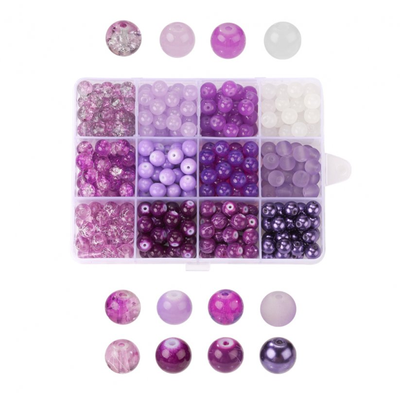 Skleněné korálky mix - 12 barev, fialové, set 8 mm