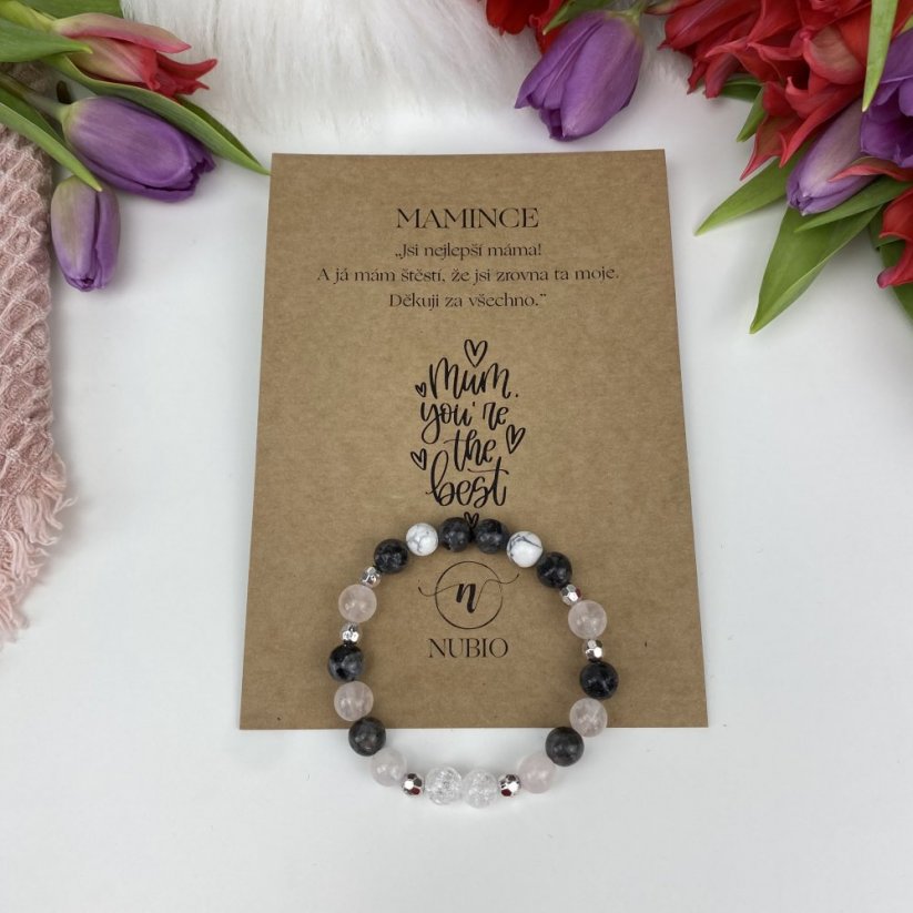 Geschenkkarte für Mama - Armband aus Labradorit, Rosenquarz, Howlith und geknacktem Kristall
