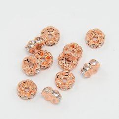 Štrasová rondelka z mosazi s kamínky - kytička, rosegold, 8x3,5 mm