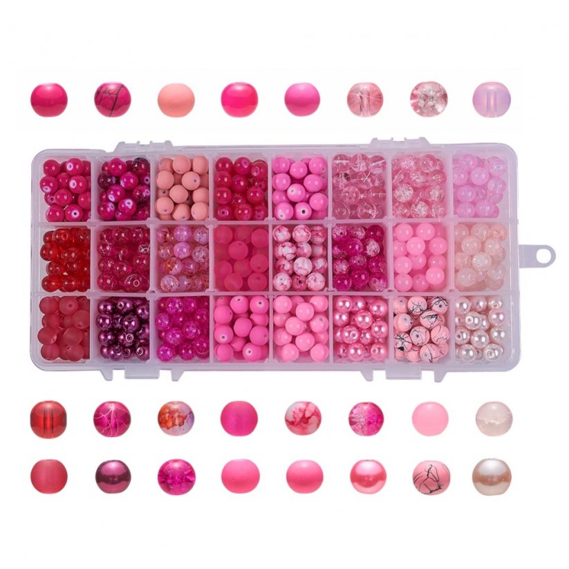 Sklenené korálky mix - 24 farieb, ružové, set 8 mm