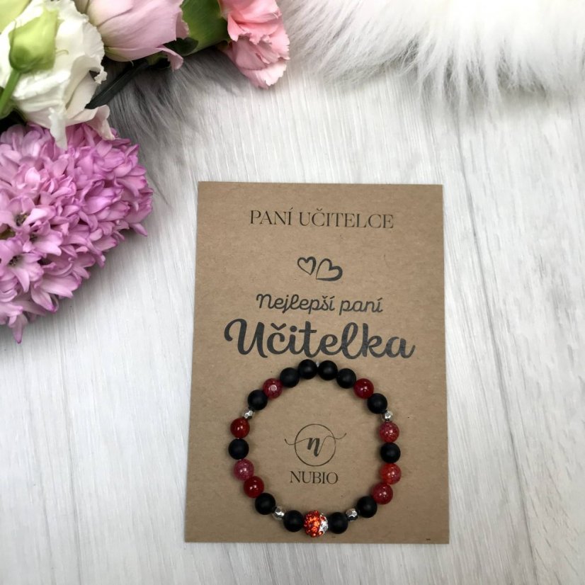 Ajándékkártya a tanárnak - fekete és vörös achátból készült karkötő shamballa labdával