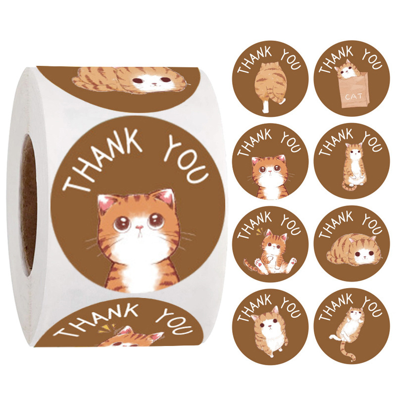 Nálepka "Thank you", hnedé s mačkami, 25 mm
