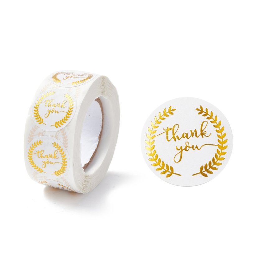Nálepka "Thank you", biela so zlatým motívom, priemer 28 mm