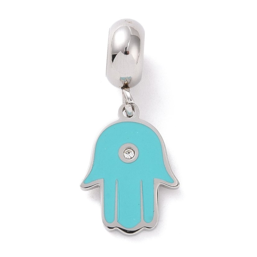 Prívesok z 304 ocele "hamsa - Fatimina ruka", tyrkysová, 15x11x1,5mm