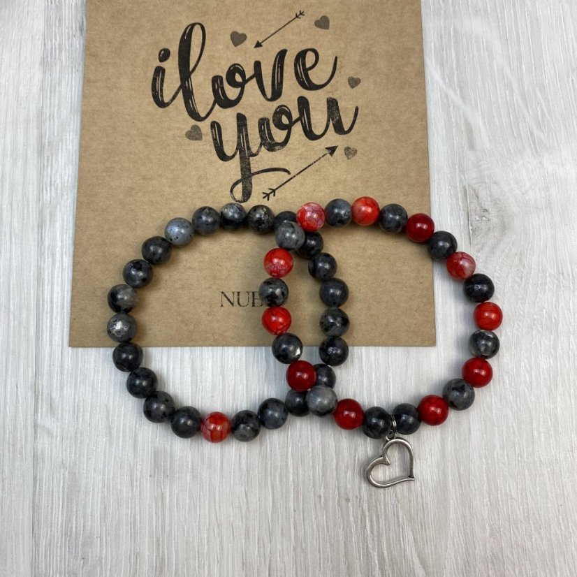 Dárková karta pro páry - náramky z labradoritu a achátu se srdíčkem