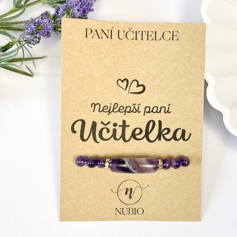 Dárková karta pro paní učitelku s náramkem z amestystu s rondelkami