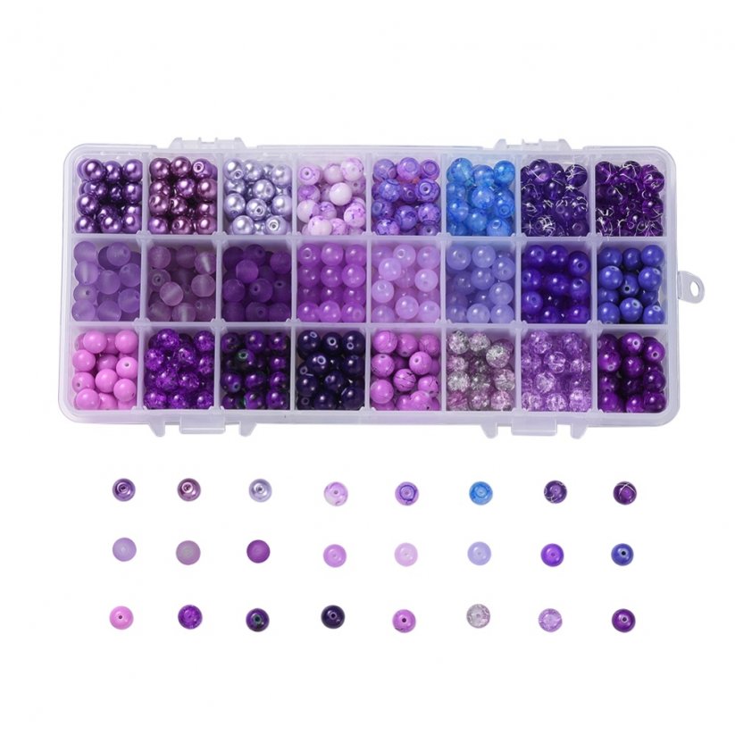 Skleněné korálky mix - 24 barev, fialové, set 8 mm