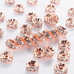 Štrasová rondelka z mosazi s kamínky - rosegold, 8x3,5 mm