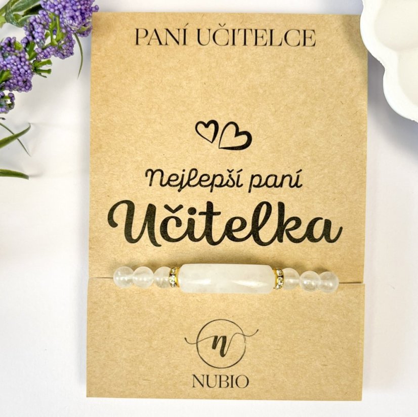 Dárková karta pro paní učitelku s náramkem z křišťálu s rondelkami
