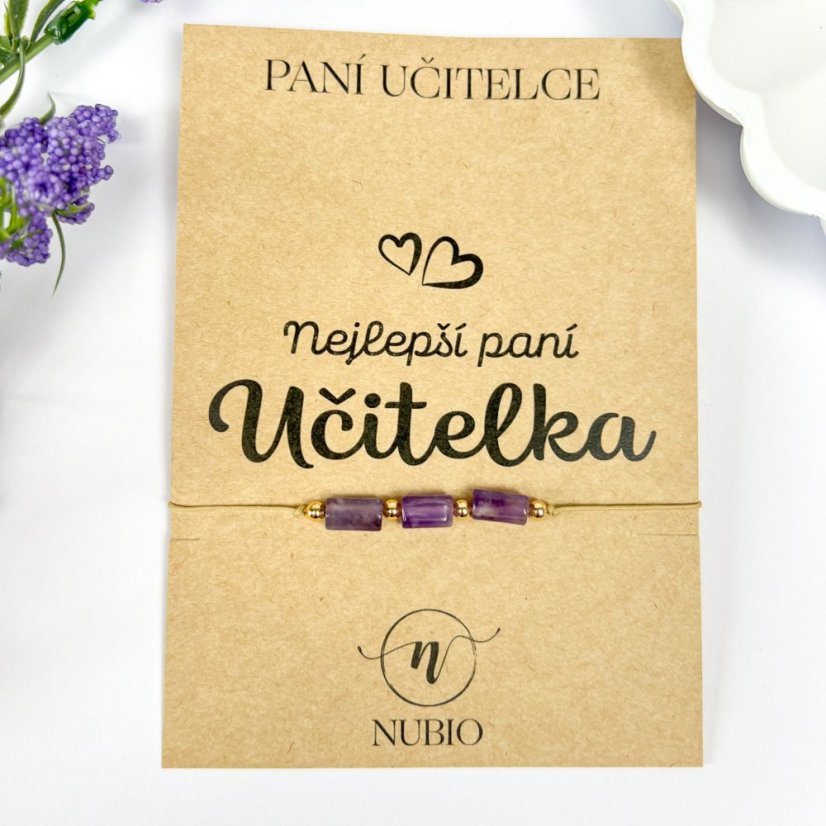 Dárková karta pro paní učitelku s náramkem s válečky z ametystu