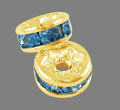 Štrasová rondelka s kamínky zlatá - modré kamínky 8x3,8mm