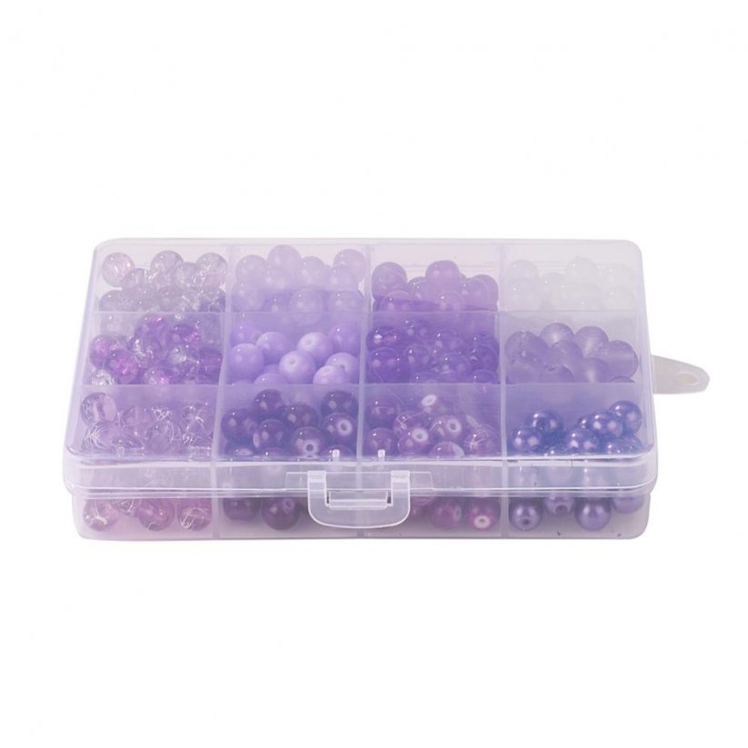 Sklenené korálky mix - 12 farieb, fialové, set 8 mm