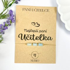 Dárková karta pro paní učitelku s náramkem s válečky z akvamarínu