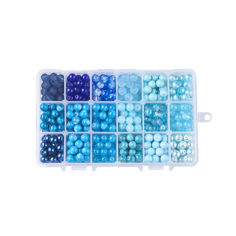 Skleněné korálky mix - 18 barev, modré, set 8 mm