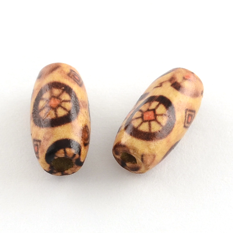 Korálky ze dřeva s potiskem kolečko, oválky, 15x7 mm