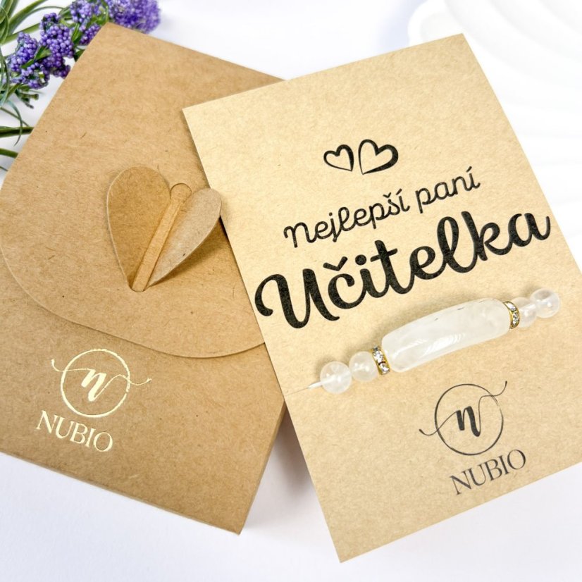 Dárková karta pro paní učitelku s náramkem z křišťálu s rondelkami