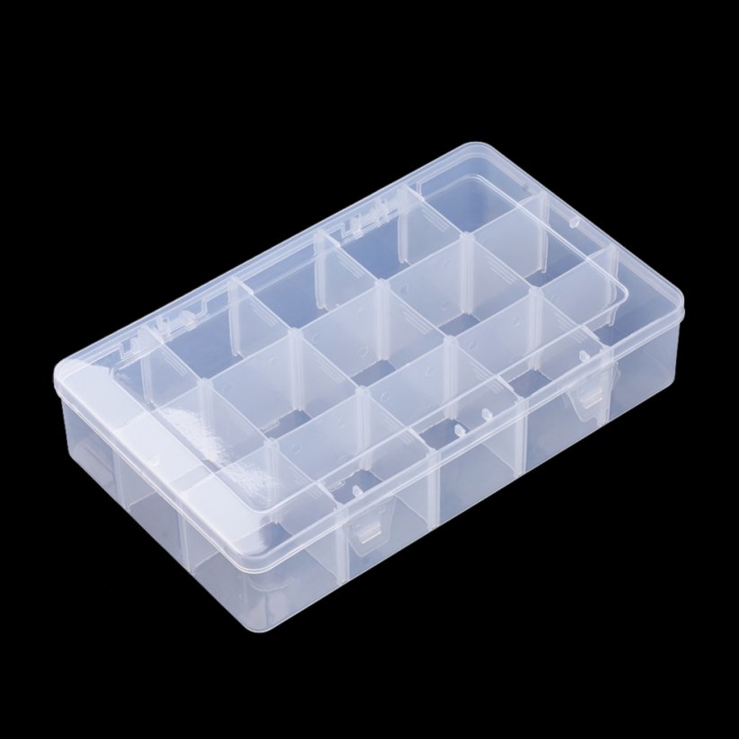 Aufbewahrungsbox aus Plastik für Perlen - verstellbar, 15 Fächer, 27,5x16,5x5,7 cm