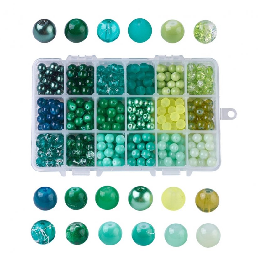 Üveggyöngy keverék - 18 szín, zöld, készlet 8 mm