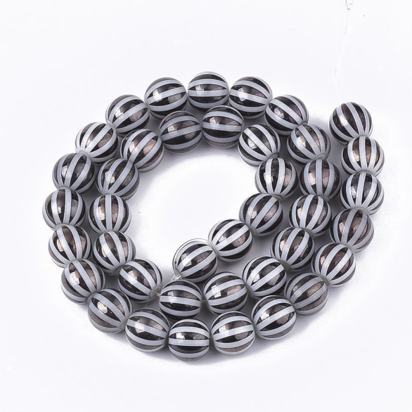 Pokovené skleněné korálky, tm. šedý proužek, 8 mm