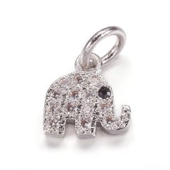Přívěsek z mosazi s kubickými zirkony, slon, stříbrný,  8x7,5x2 mm