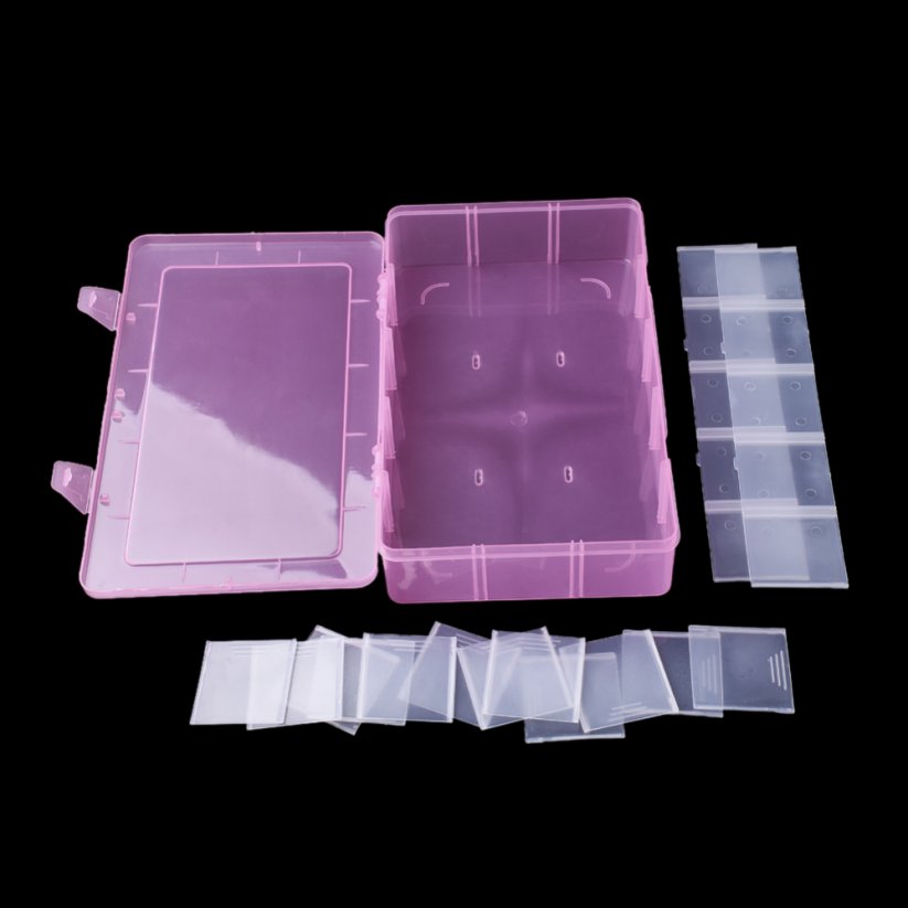 Plastový organizér na korálky - nastaviteľný 15 oddelení, ružový, 27.5x16.5x5.7cm
