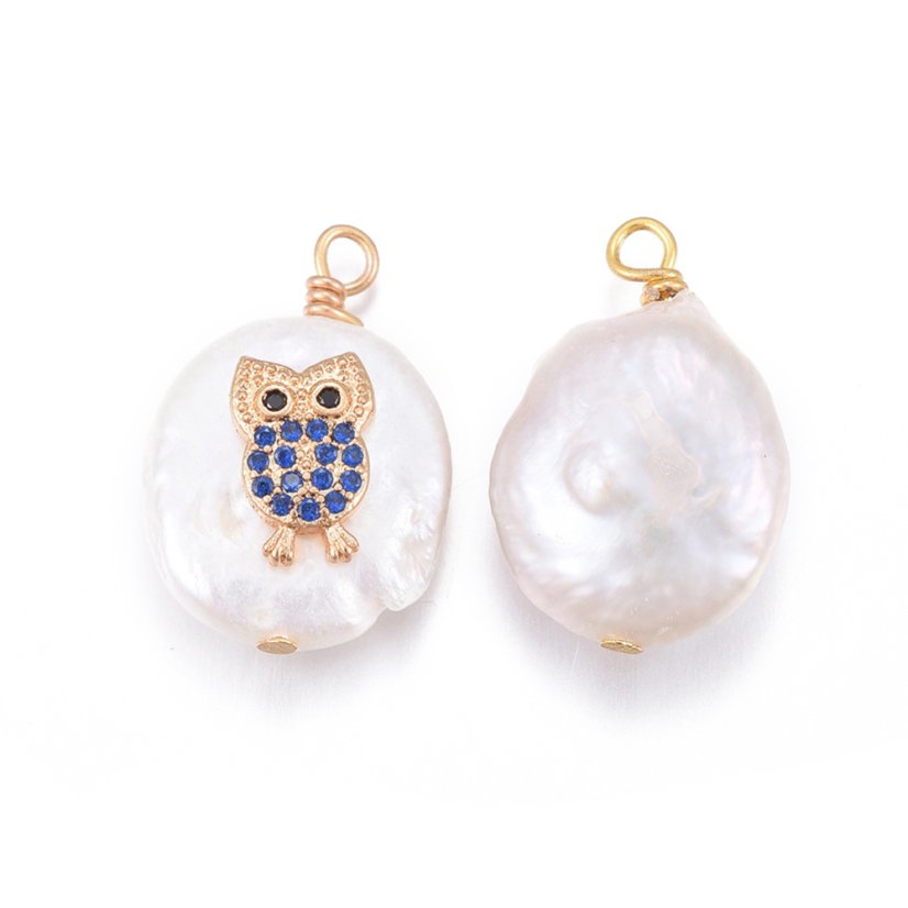 Perleťový přívěsek se sovičkou s kubickými zirkony, modrá, 17~26x11~16x5~11 mm