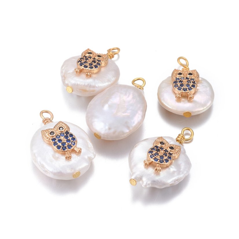 Perleťový přívěsek se sovičkou s kubickými zirkony, modrá, 17~26x11~16x5~11 mm