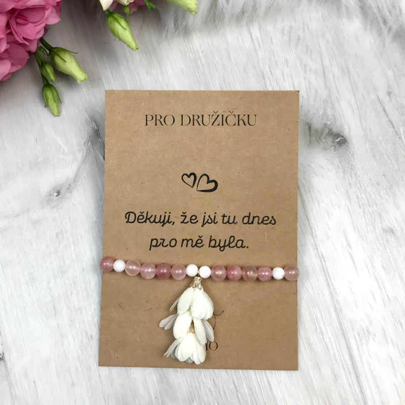 Geschenkkarte für die Brautjungfer - Armband aus Rosenquarz und Nephrit mit Quaste