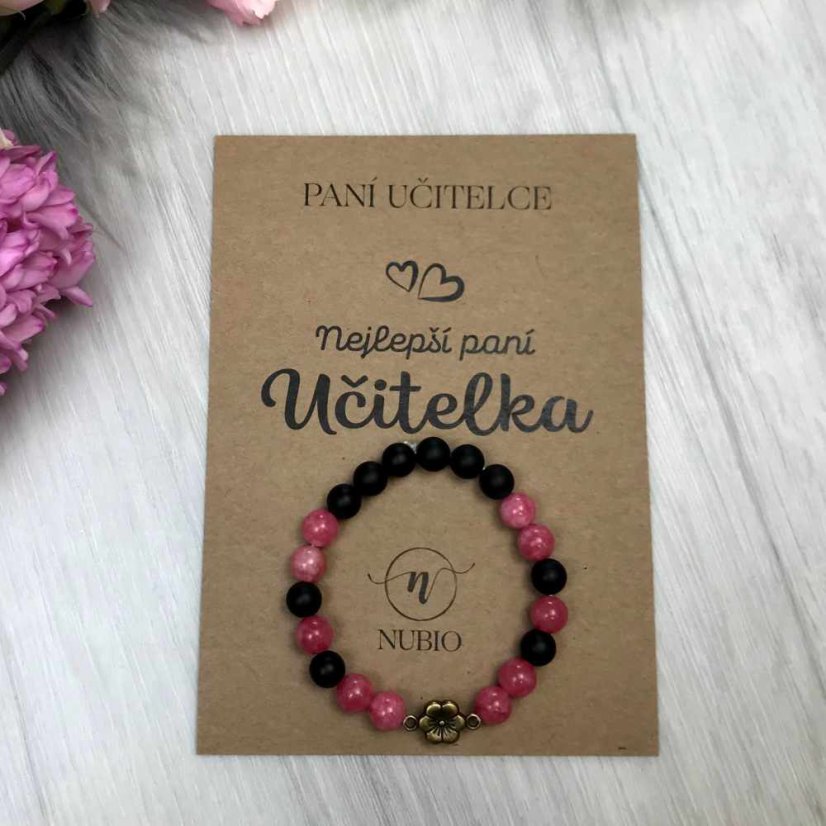 Dárková karta pro paní učitelku - náramek z achátu a chalcedonu s kytičkou