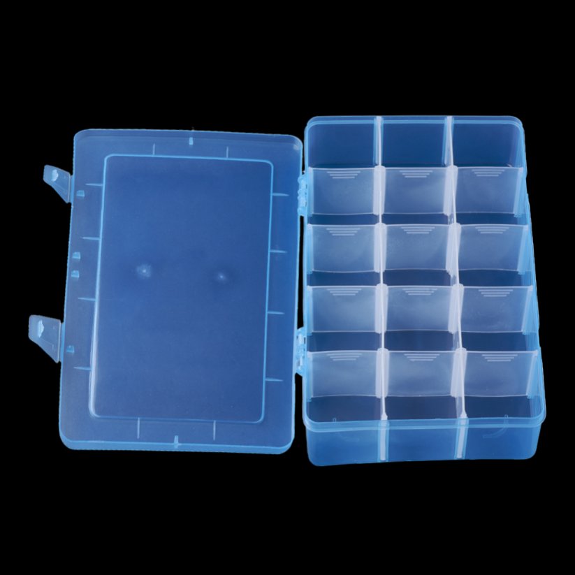 Plastový pořadač na korálky - nastavitelný, 15 oddělení, modrý, 27.5x16.5x5.7cm