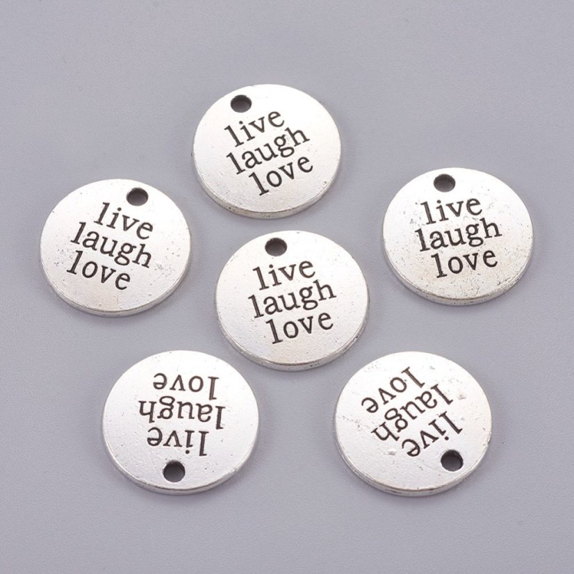 Kulatý přívěsek "žij, směj se, miluj", stříbrný, 20x2mm