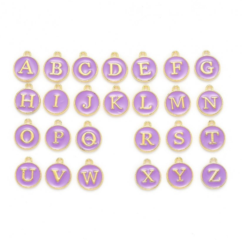 Fém medál E betűvel, lila, 14x12x2 mm