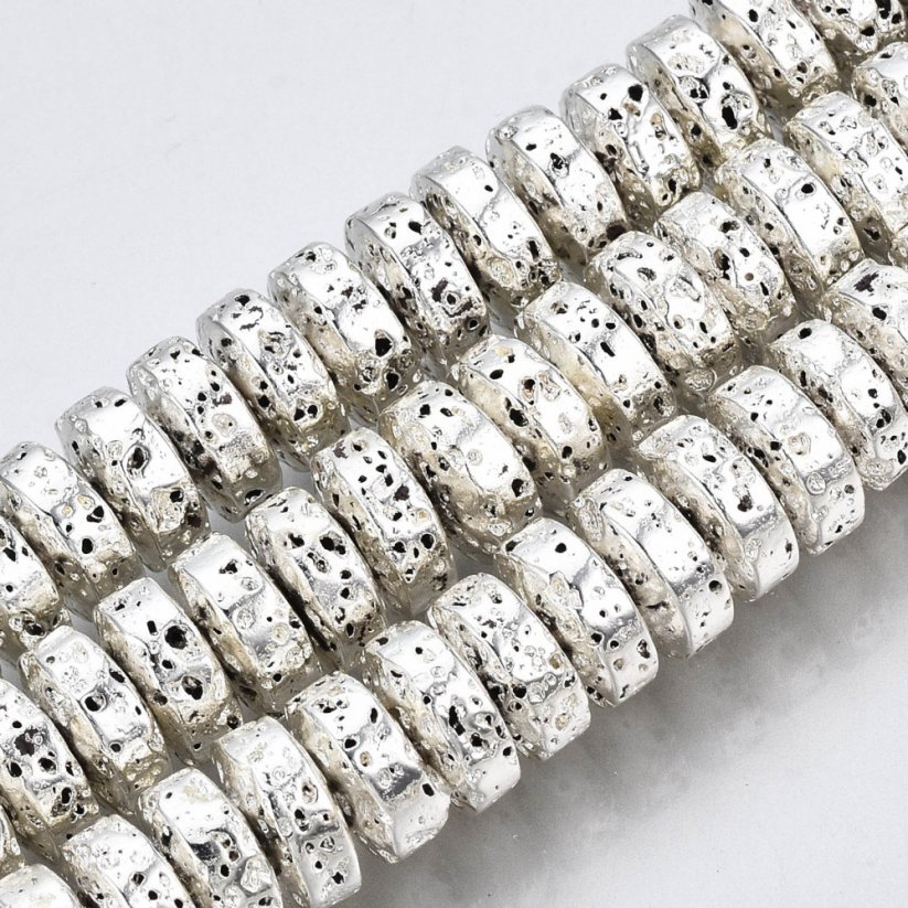 Heishi Perlen aus metallisierter silberner Lava, 8x4 mm