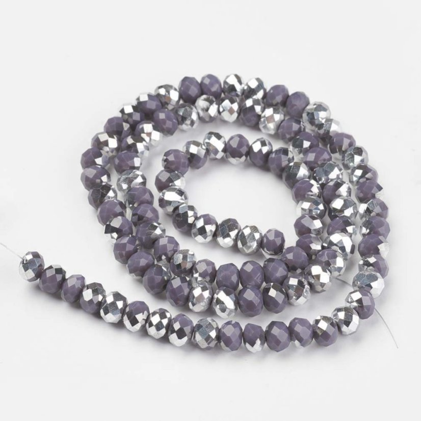 Csiszolt üveg rondellák, fémezett, lila-ezüst, 8x6 mm