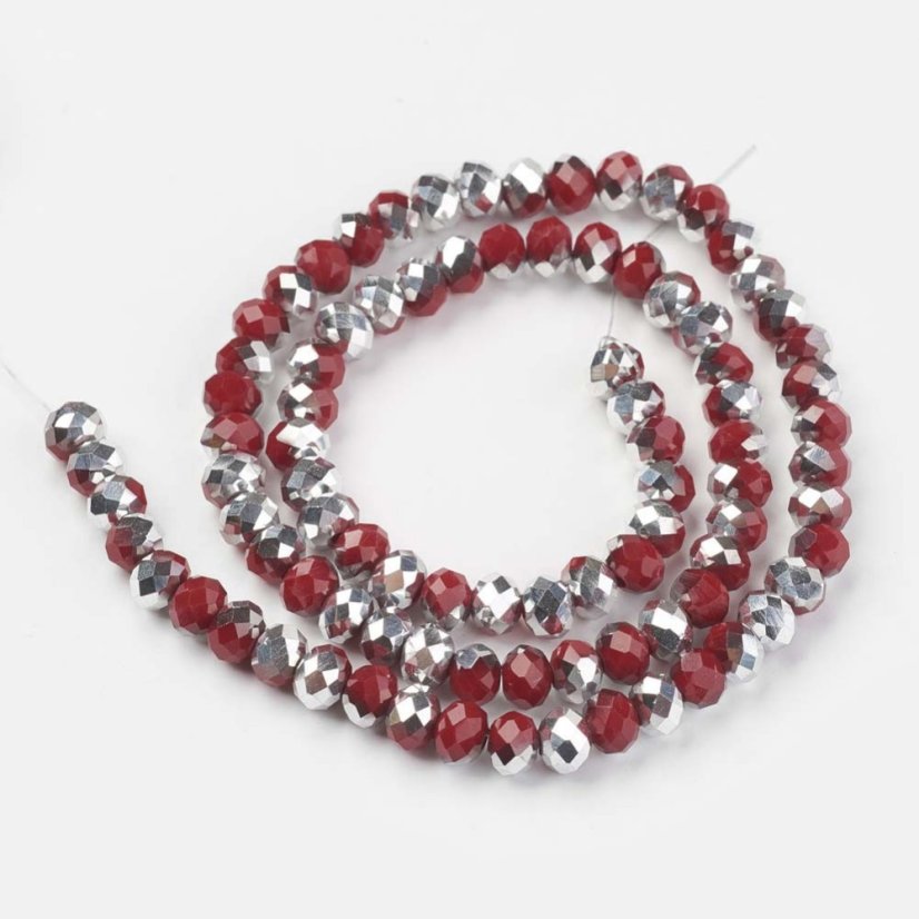 Brúsené sklenené rondelky, pokovované, červeno-strieborné, 6x5 mm