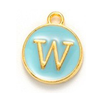 Fém medál W betűvel, türkiz, 14x12x2 mm
