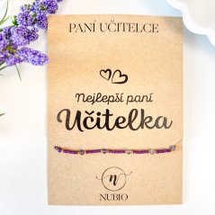 Dárková karta pro paní učitelku se šnůrkovým náramkem s ametystem a skleněnými korálky
