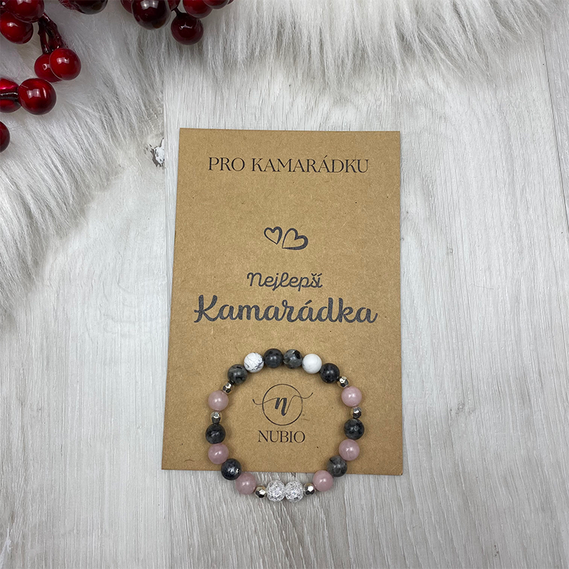 Geschenkkarte für eine Freundin - Armband aus Labradorit, Rosenquarz, Howlith und Kristall
