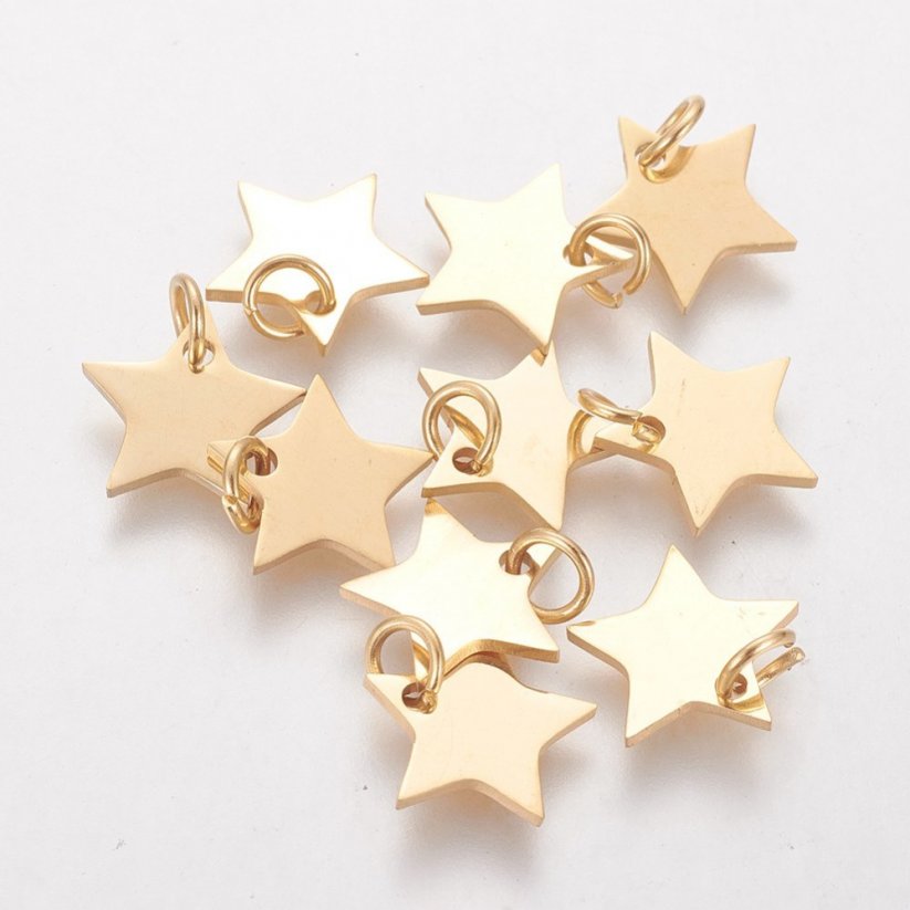 304 Acél csillag medál, arany, 10x10,6x1,1 mm