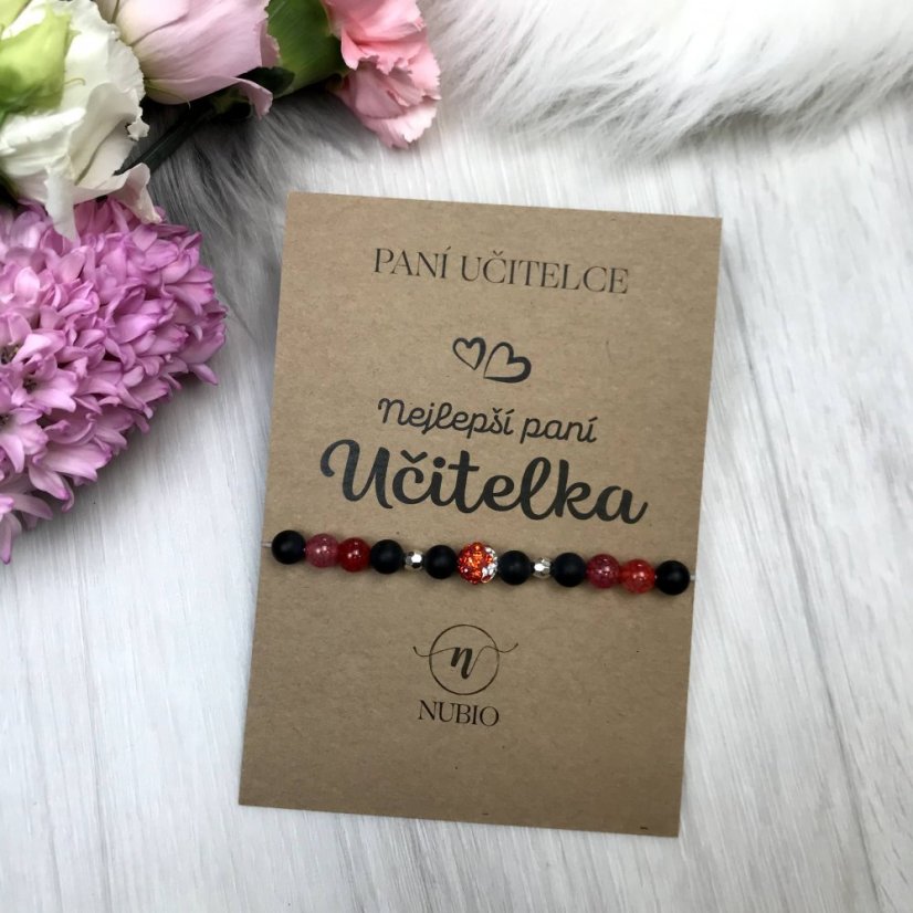 Ajándékkártya a tanárnak - fekete és vörös achátból készült karkötő shamballa labdával