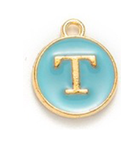 Kovový přívěšek s písmenem T, tyrkysový, 14x12x2 mm