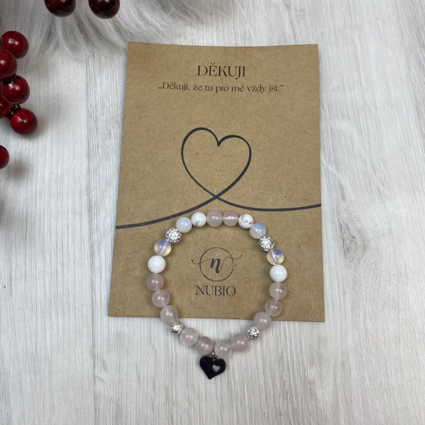Dárková karta s náramkem z růženínu, nefritu a opalitu se srdíčkem