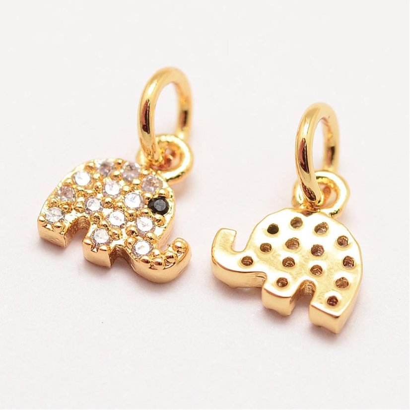 Sárgaréz medál cirkóniákkal - elefánt, arany, 8x7,5x1,5mm