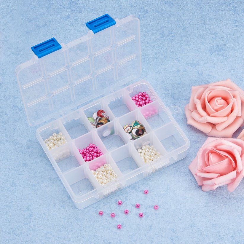 Aufbewahrungsbox aus Plastik für Perlen - verstellbar, 15 Fächer, 14x10,8x3 cm