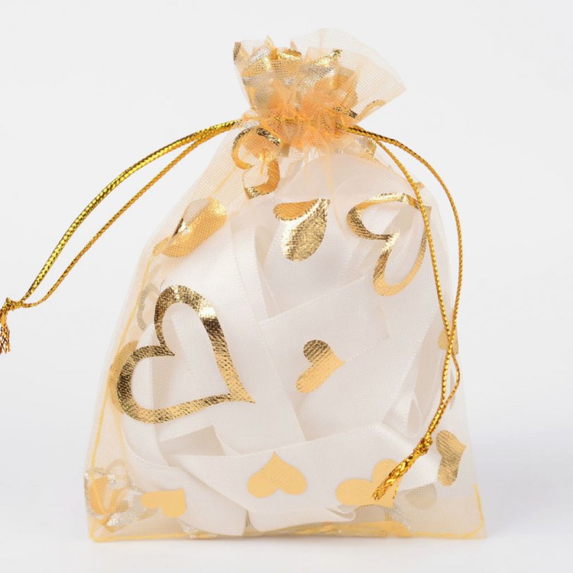 Goldenes Organzasäckchen mit Herz - 12x10 cm