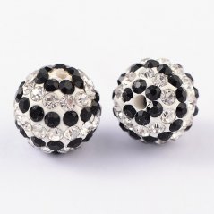 Shamballa Kugel 12 mm, Loch 2 mm, schwarz und weiß