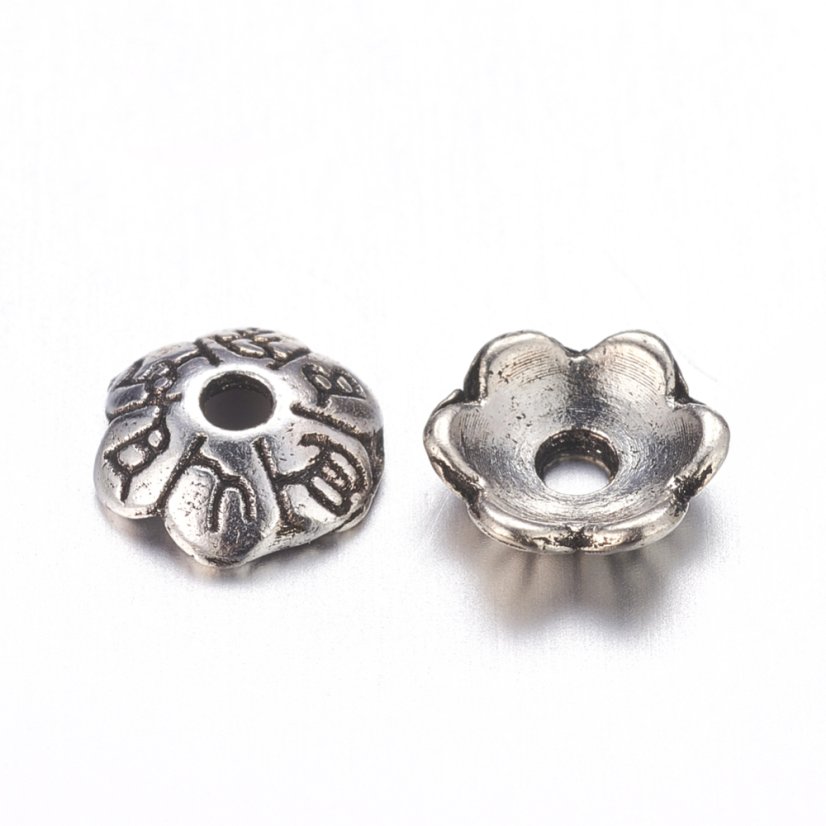 Kovový kaplík, kytička, stříbrná, 6x2 mm