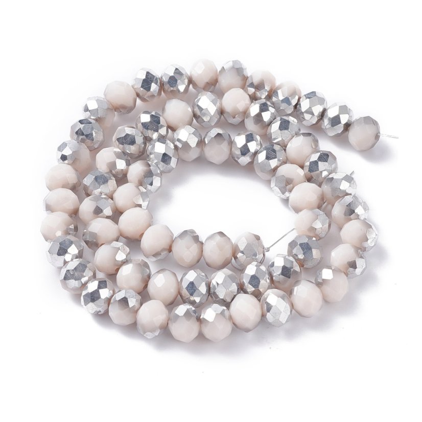 Csiszolt üveg rondellák, fémezett, rózsaszín-ezüst, 8x6 mm