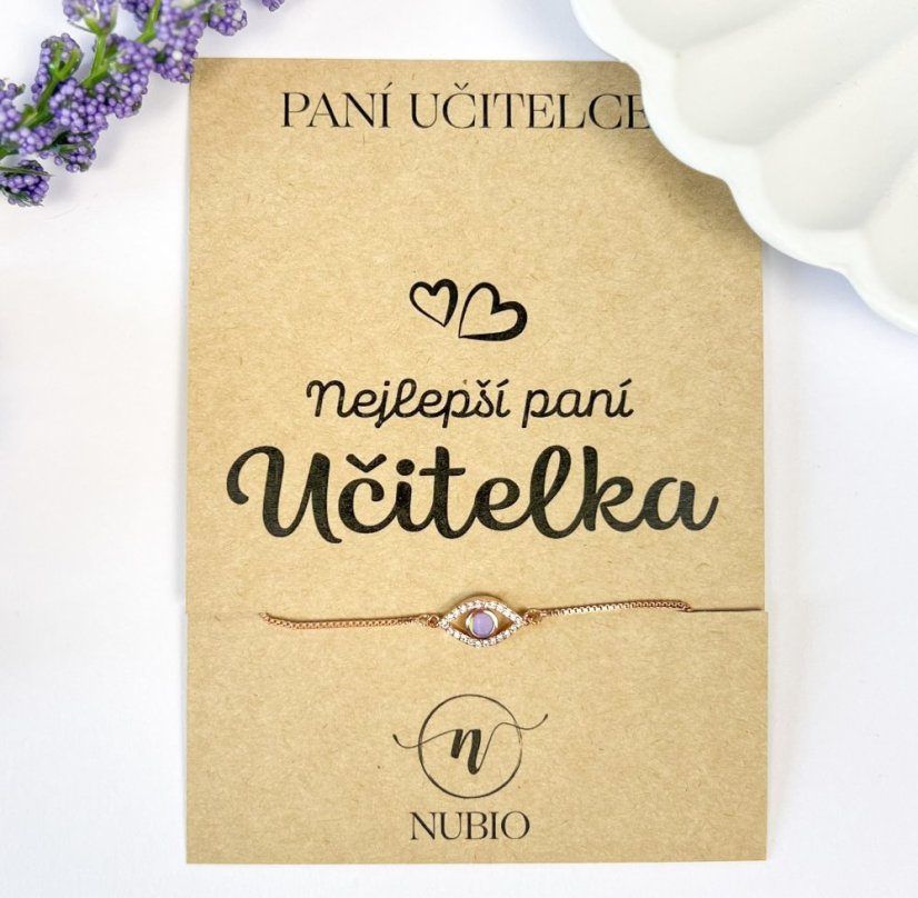 Dárková karta pro paní učitelku s bolo náramkem s okem života